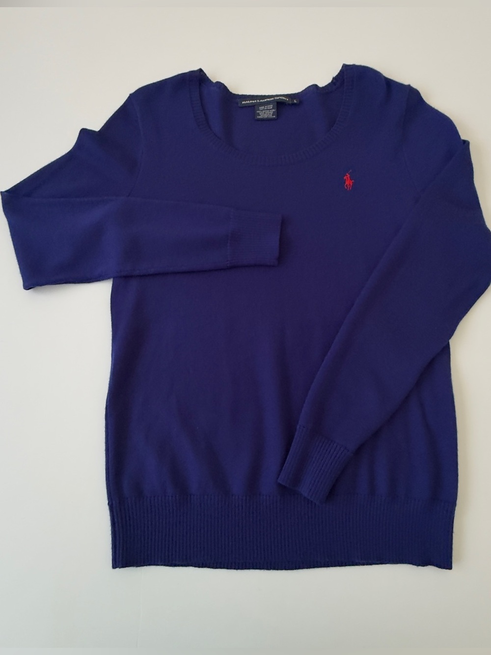 Ralph Lauren Sport Sweater Wom Large Blue Red Pony Crew Merino Wool Tight Knit